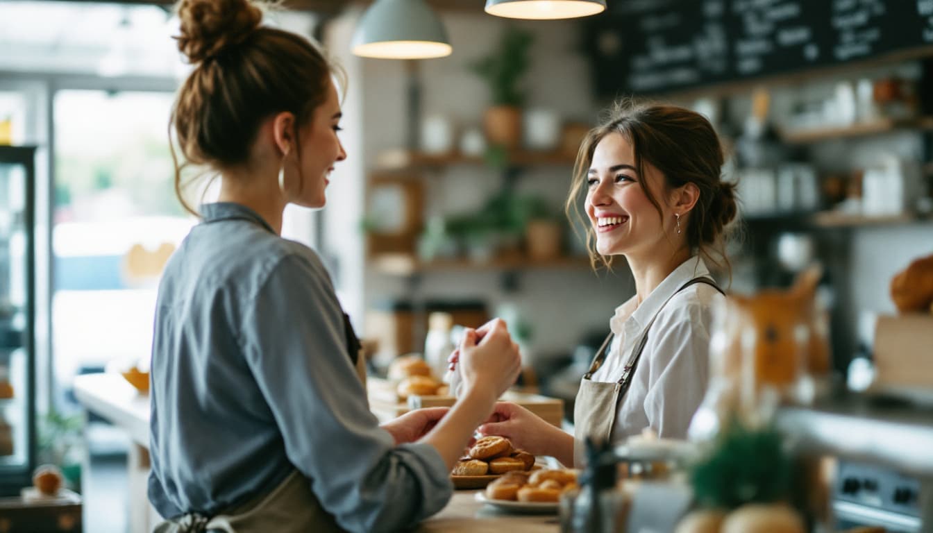 A guest at a counter reviewing an order with a cashier