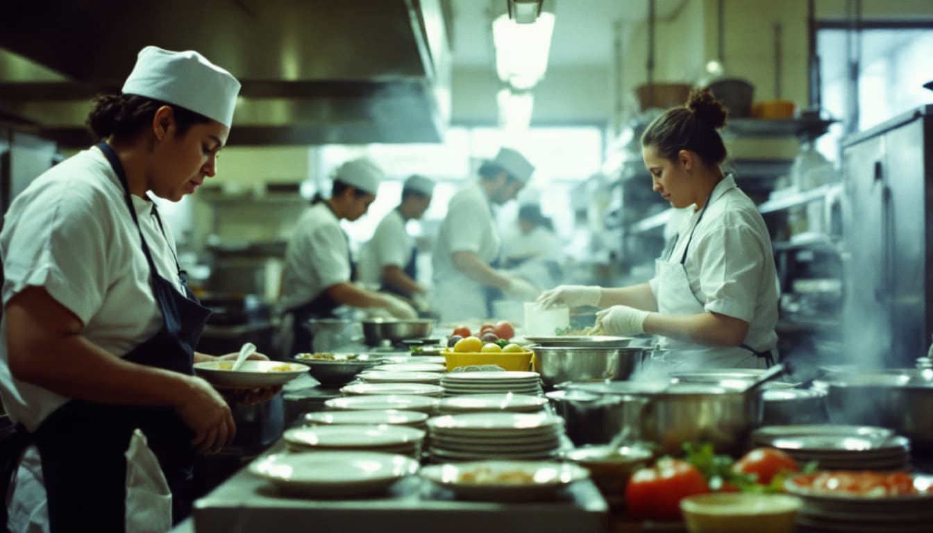 Cooks working the pass during dinner service