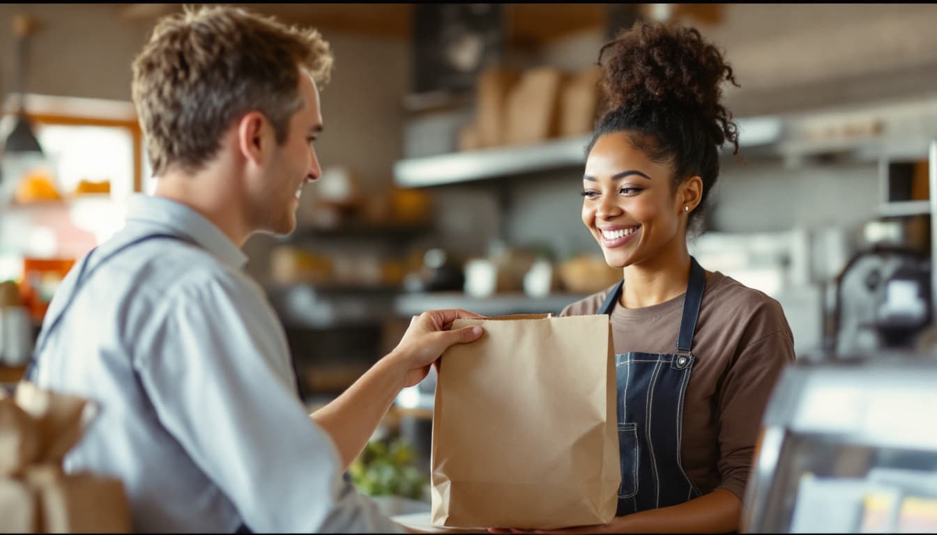 A customer picking up a takeout order at a restaurant counter