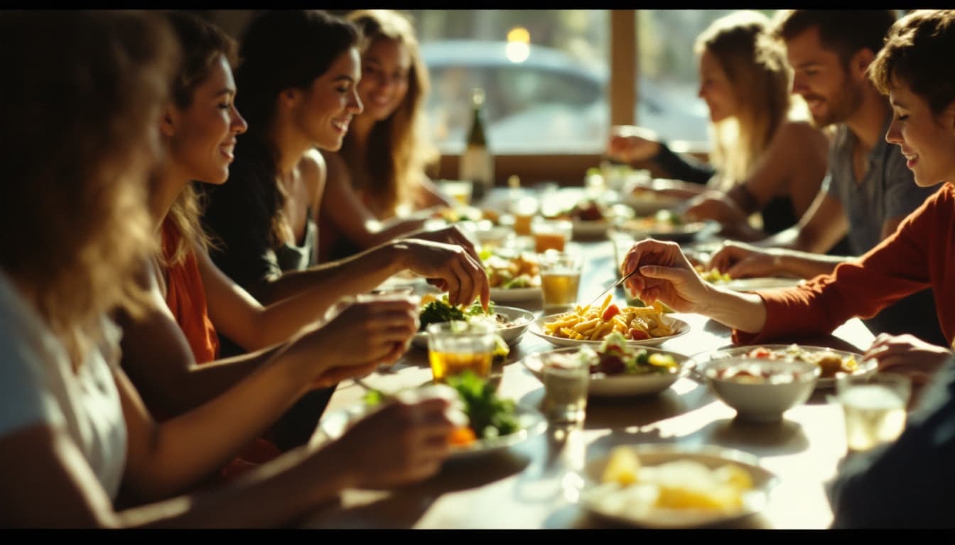 Guests sharing dishes at a long restaurant table