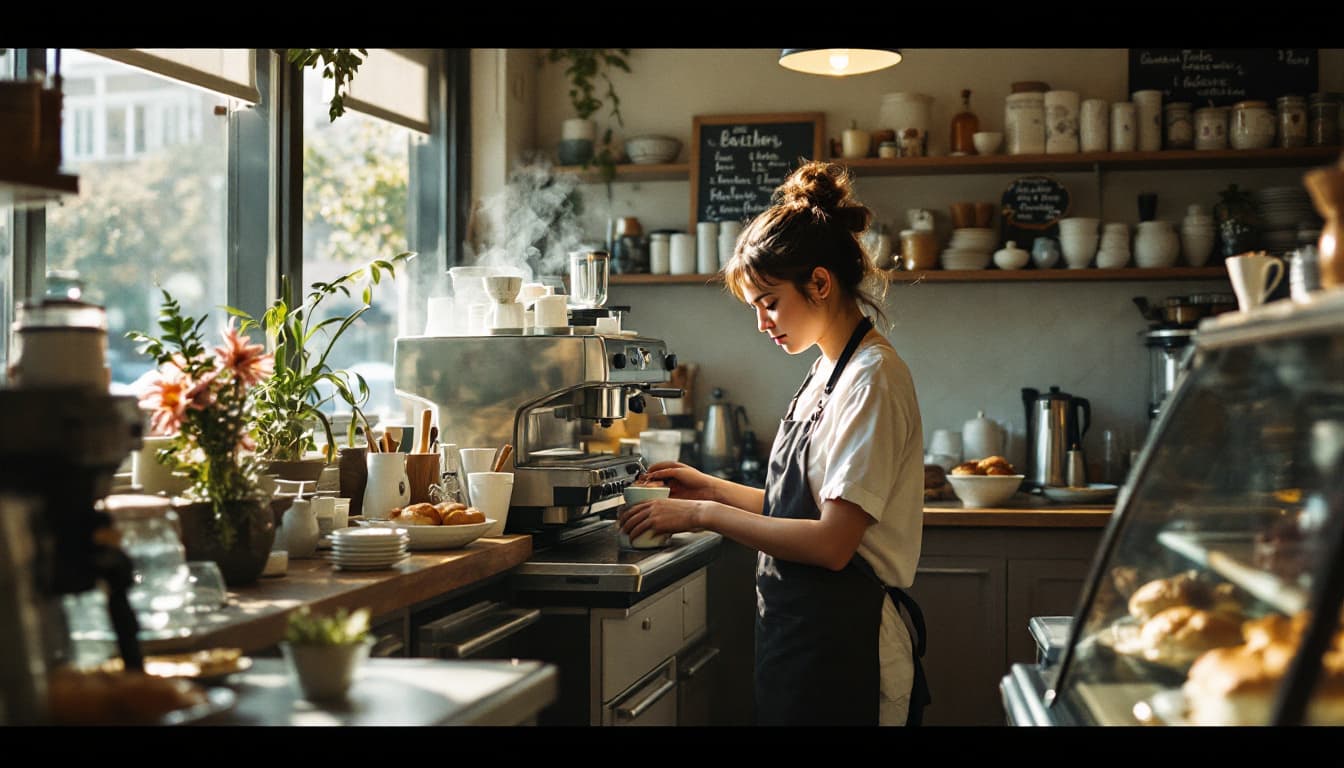 A barista steaming milk in a sunlit café