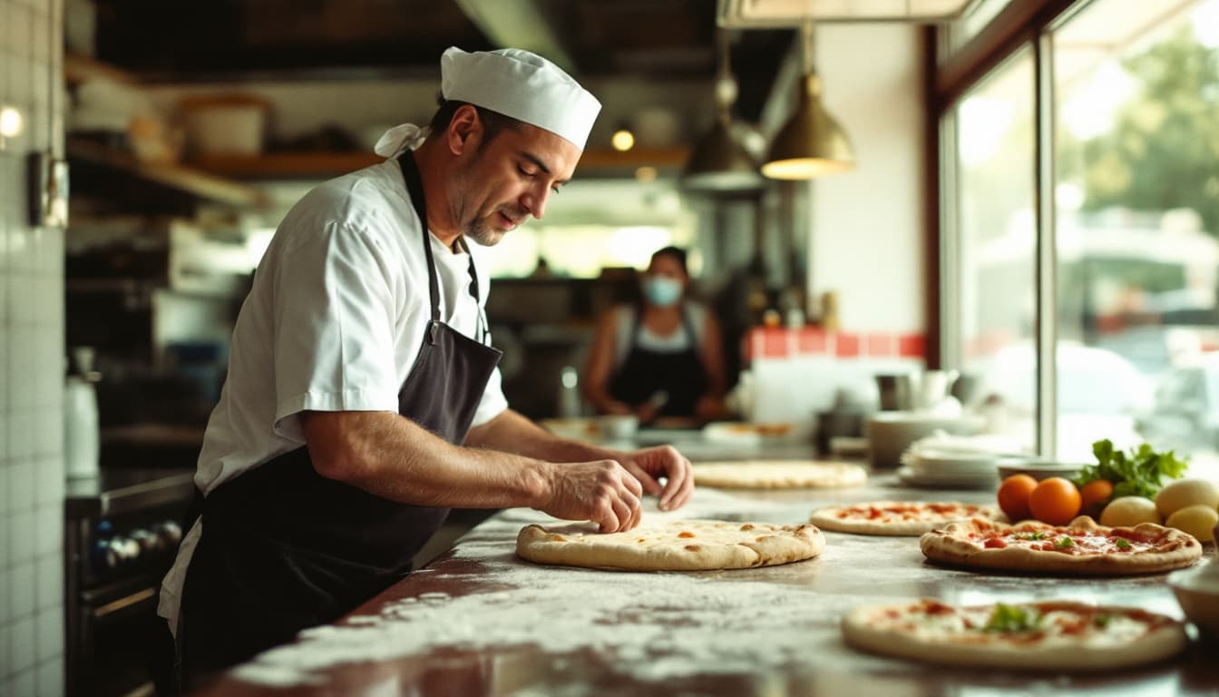 A pizzaiolo sliding a pizza into a wood-fired oven