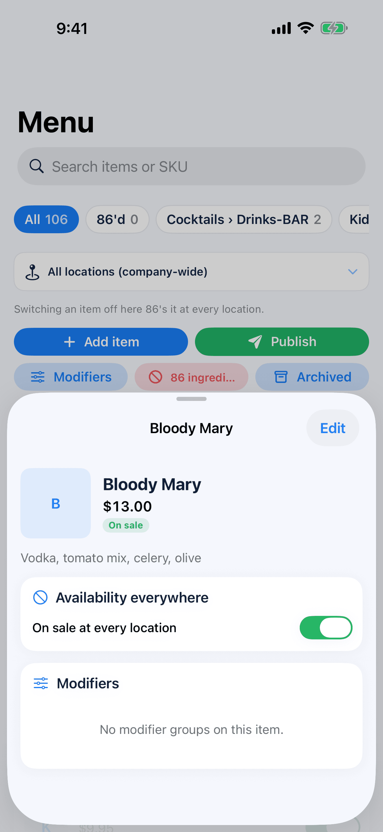NEXOS iPhone app menu item with availability at every location