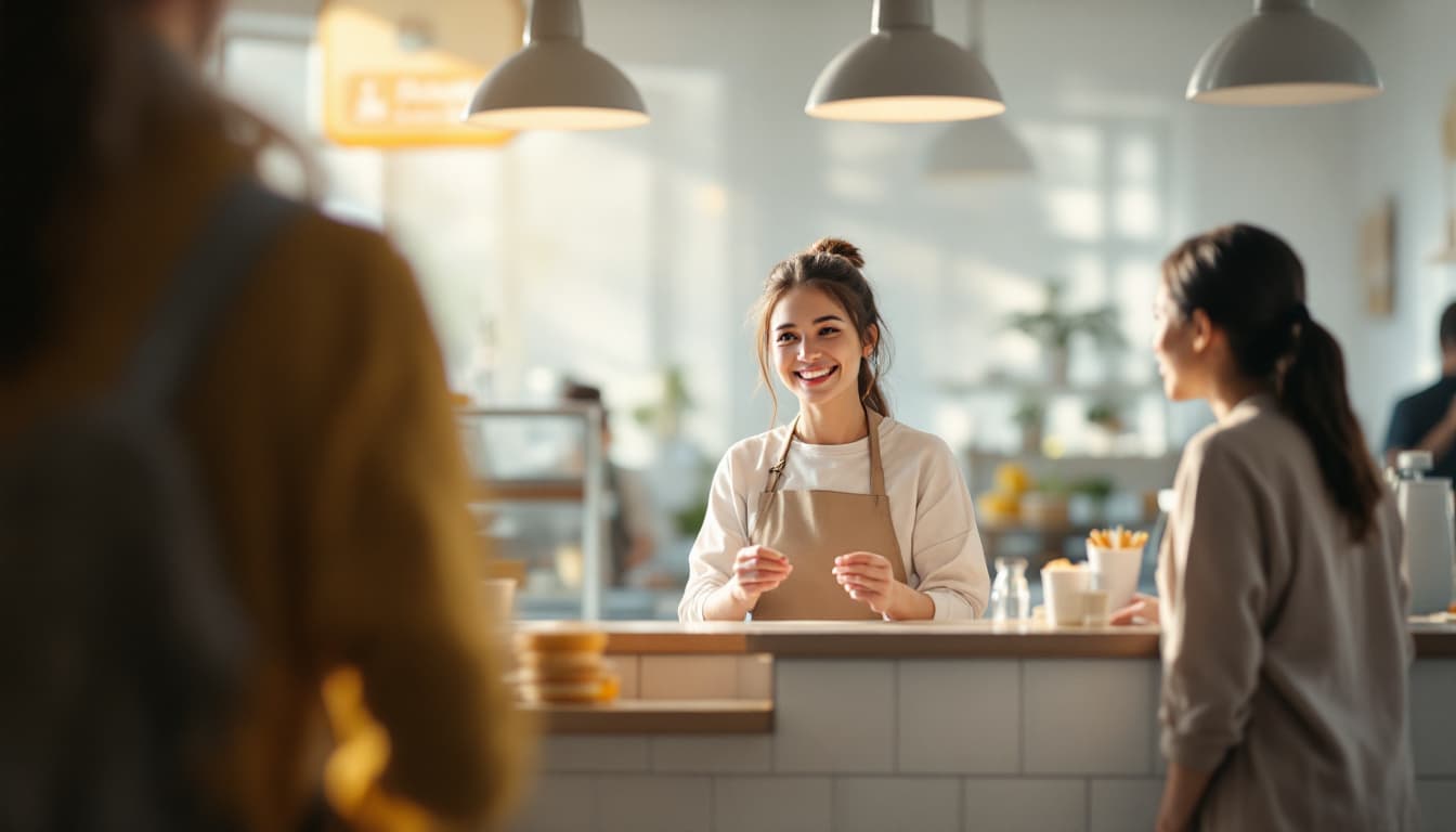 A cashier taking an order at a bright restaurant counter