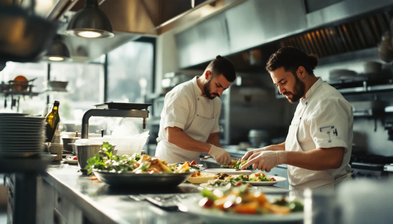Chefs plating dishes at the pass during dinner service