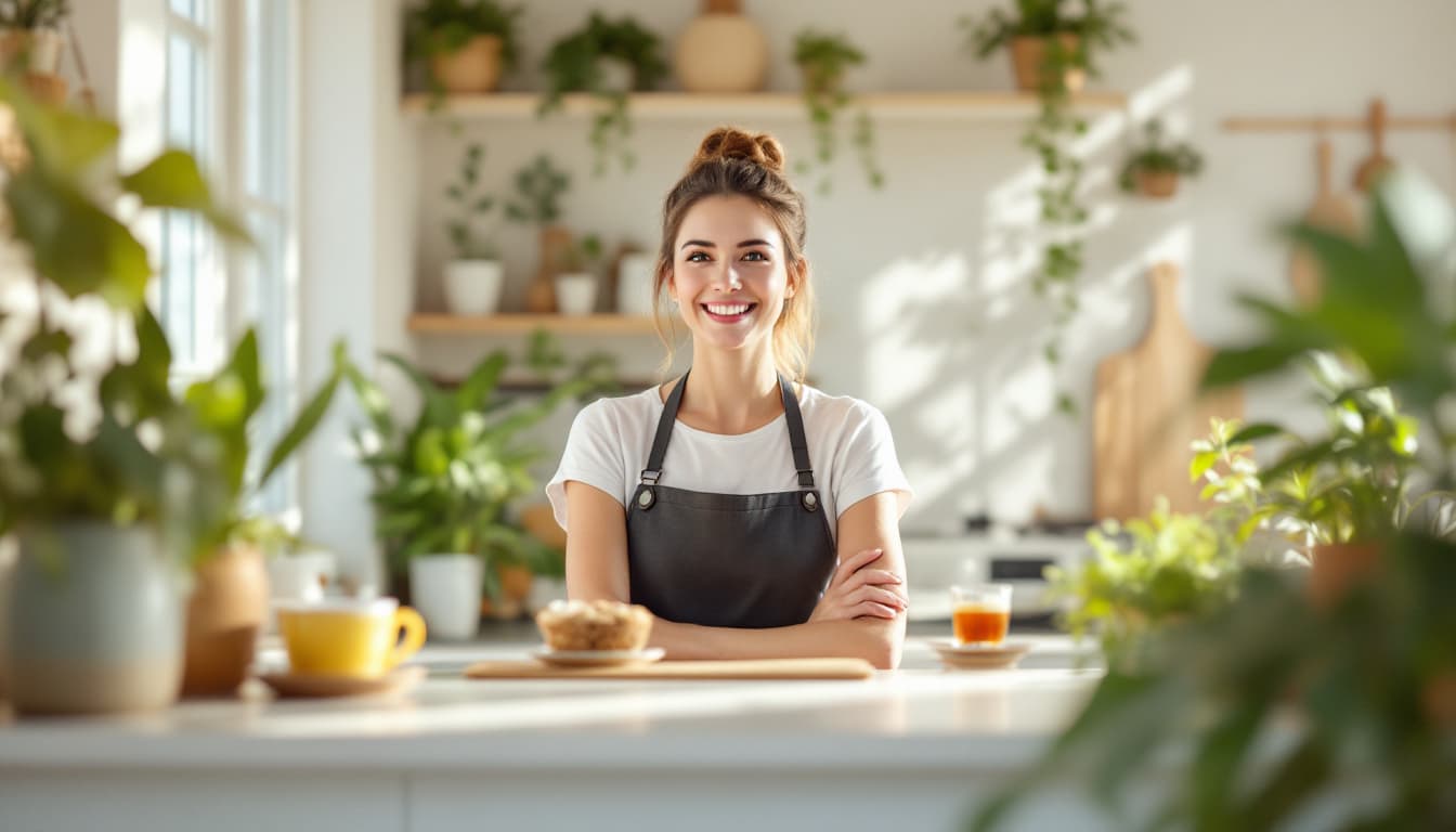 A café owner standing behind her counter in the morning