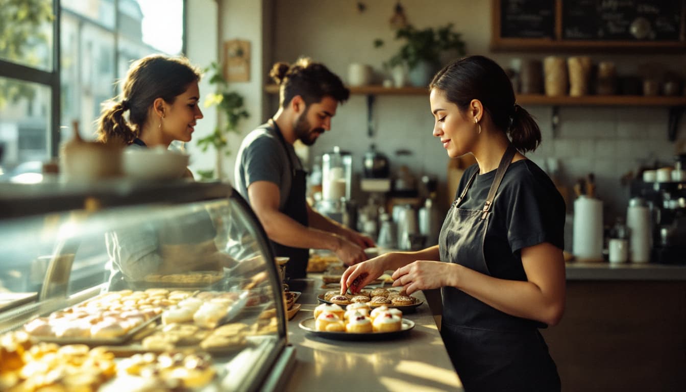 A barista serving a customer at a busy cafe counter