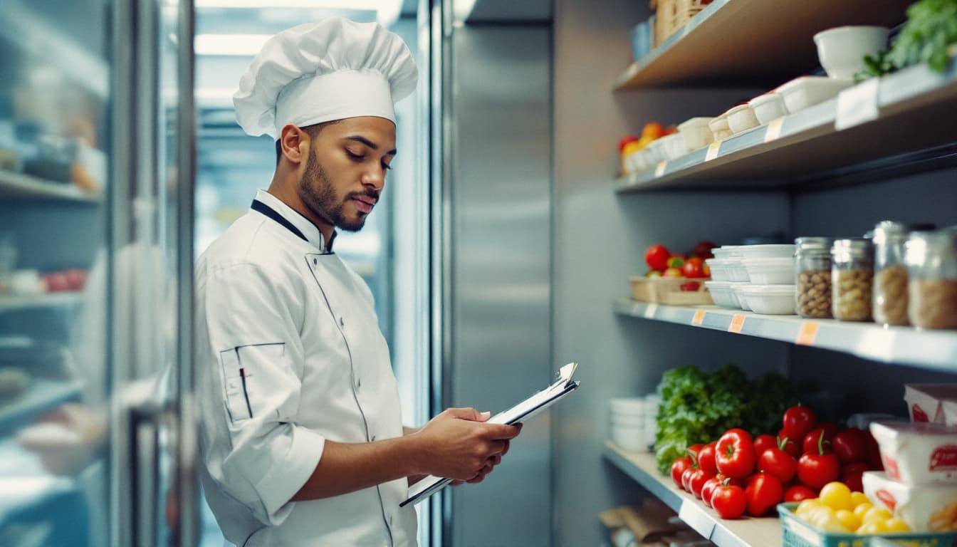 A chef counting stock in a walk-in cooler