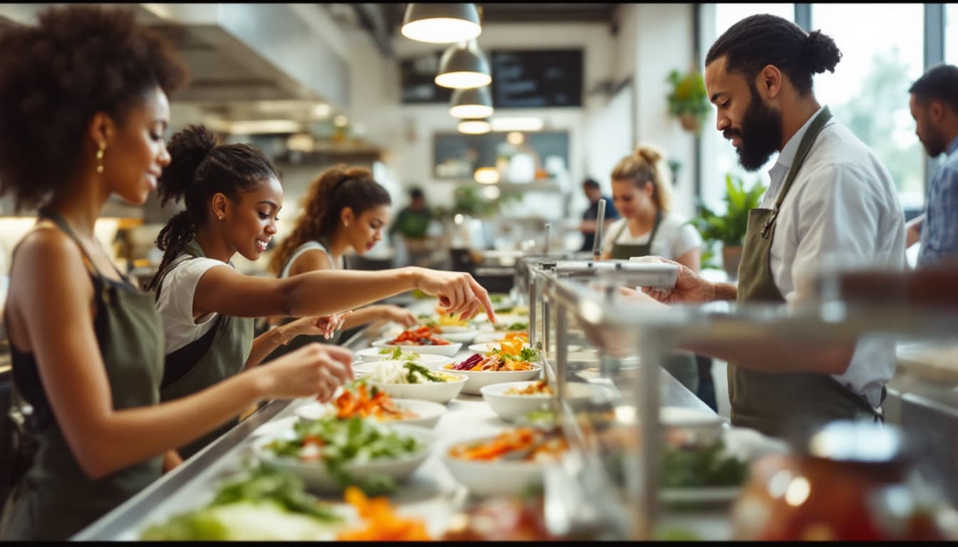 Staff building bowls on a fast-casual assembly line