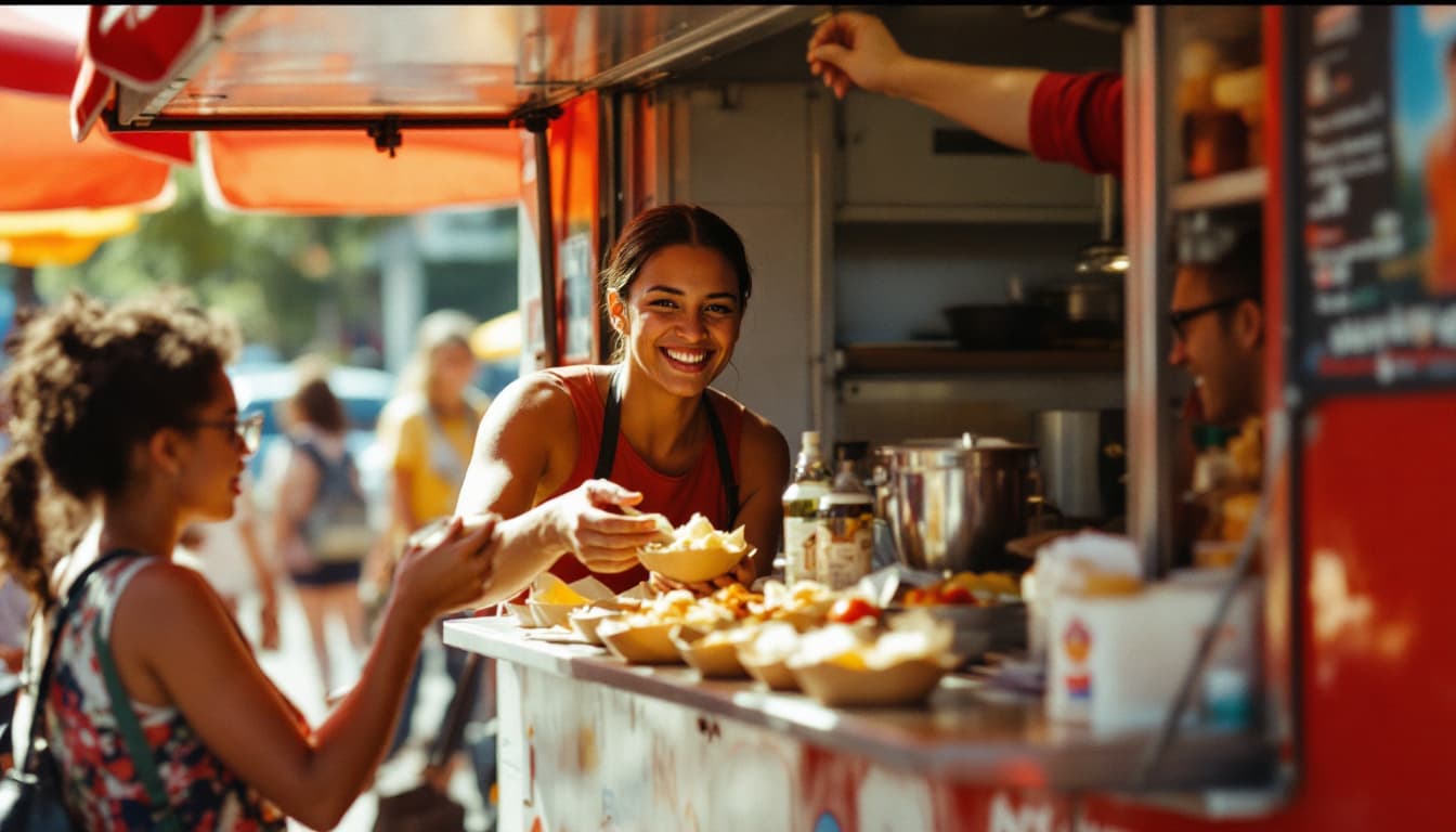Customers ordering at a food truck window at night