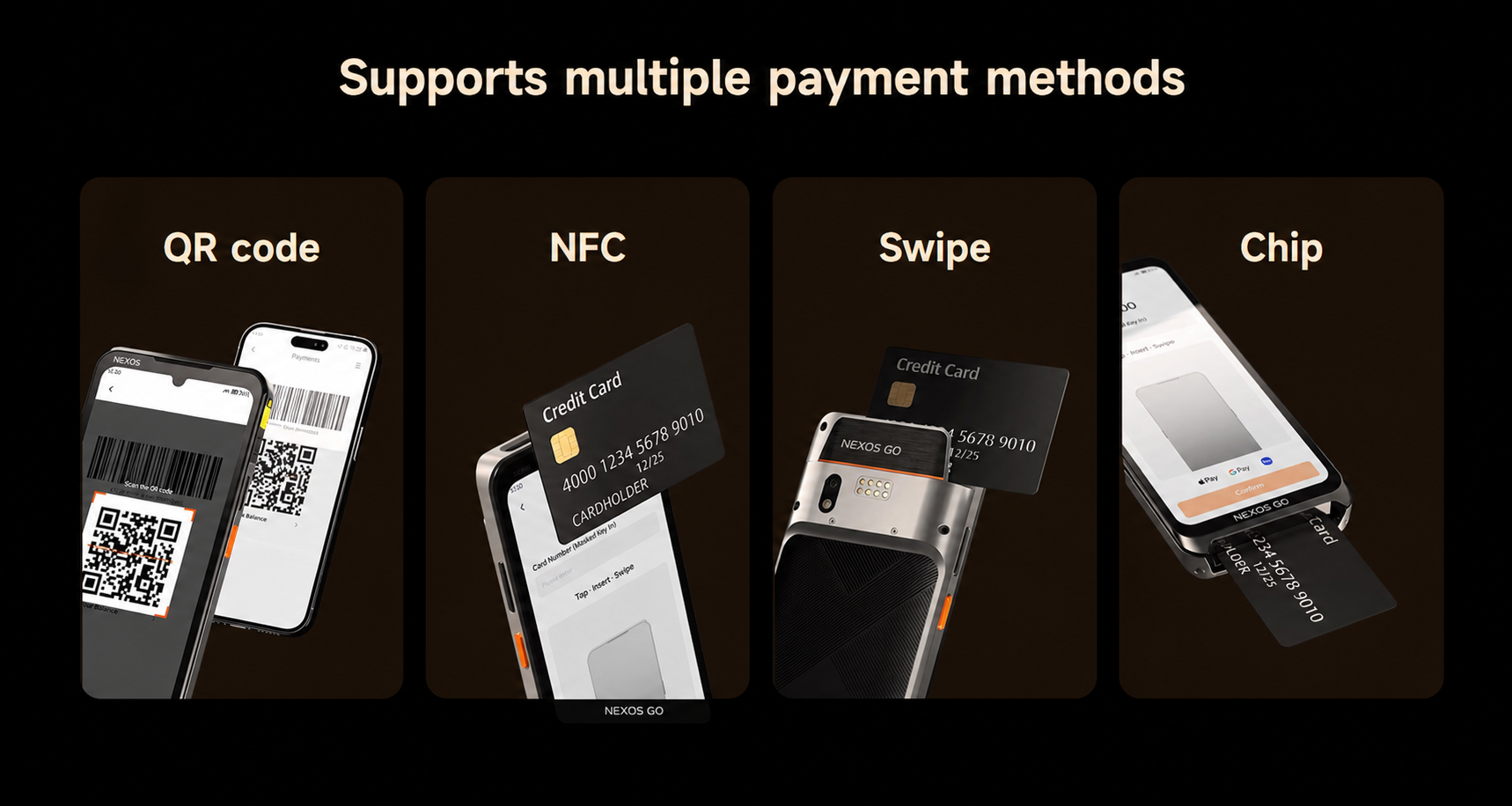 NEXOS Go accepts every payment method - QR code, contactless NFC, swipe, and chip.